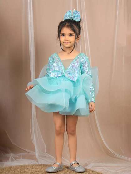 Foreverkidz Girls Self
                    Design V-Neck Flared Puff Sleeve Net Fit & Flare
                    Dress