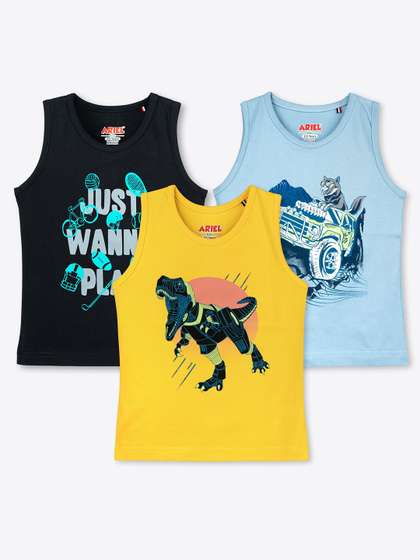 ariel Boys Pack Of 3
                    Printed Round Neck Sleeveless Pure Cotton Regular
                    T-shirt