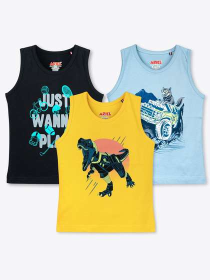 ariel Boys Pack Of 3
                    Printed Round Neck Sleeveless Pure Cotton Regular
                    T-shirt