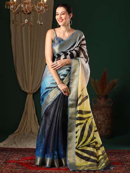 Anouk Navy Blue
                          Floral Printed Woven Design Block Print Zari
                          Organza Saree