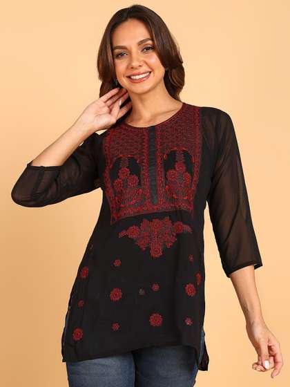 TOP N THREAD Floral Embroidered Chikankari Pure Georgette Chikankari Kurti