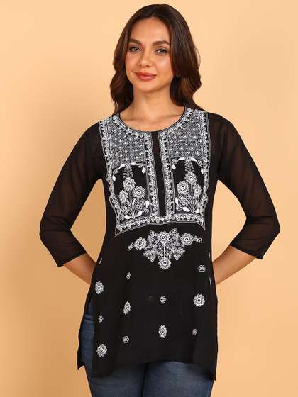 TOP N THREAD Floral Embroidered Chikankari Pure Georgette Chikankari Kurti