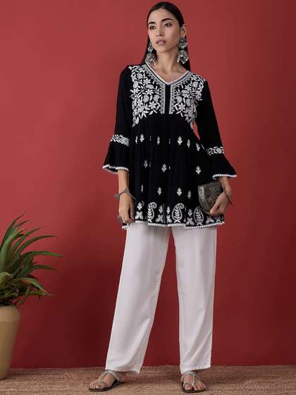 Anouk Ethnic Motifs Embroidered Bell Sleeves Chikankari Short Kurti