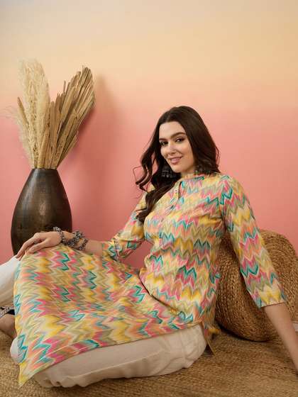 Anouk X fwd Chevron Printed Band Collar Straight Kurta