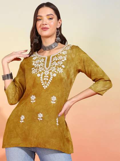 mokshi Ethnic Motifs Tie & Dye Embroidered Chikankari Straight Kurti