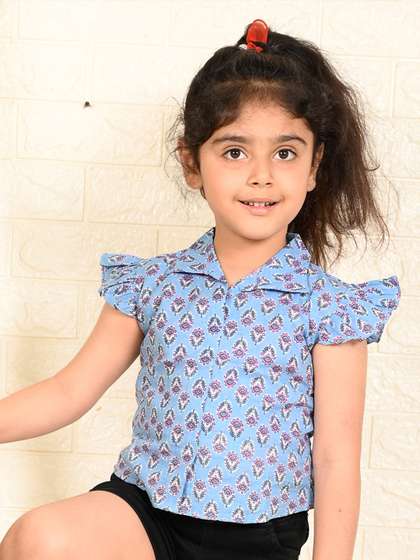 Sangria Girls Floral
                      Printed Flutter Sleeves Pure Cotton Shirt Style
                      Top
