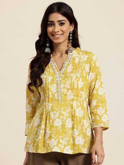 HERE&NOW Floral Printed Mirror Work Pure Cotton Mirror Work Pleated Kurti