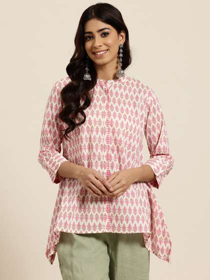 HERE&NOW Ethnic Motifs Printed Thread Work Pure Cotton Thread Work Short Kurti