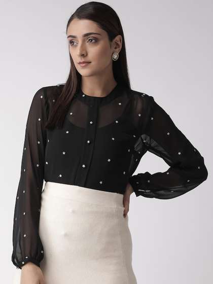 BAESD Embellished
                        Round Neck Puff Sleeve Sheer Top
