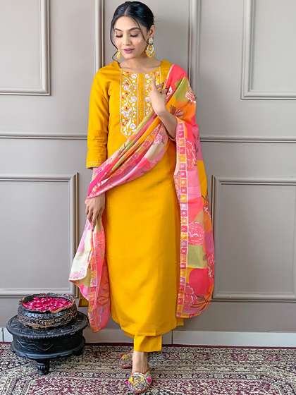 KALINI Floral Embroidered Straight Kurta With Trousers & Dupatta