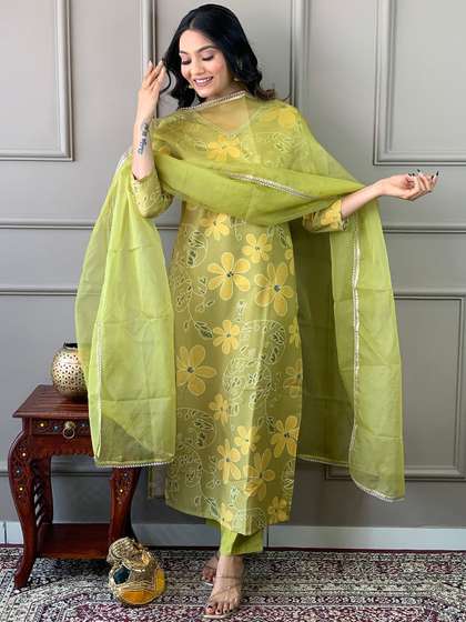 KALINI Floral Embroidered V-Neck Thread Work Straight Kurta with Trousers & Dupatta