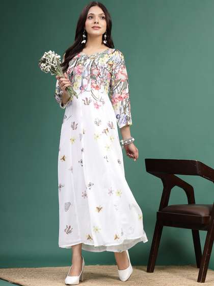 Sangria White Floral
                        Printed Square Neck A-Line Ethnic Dress