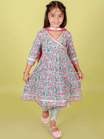 Stuffie Land Girls
                    Floral Printed Angrakha Cotton Anarkali Kurta &
                    Salwar With Dupatta