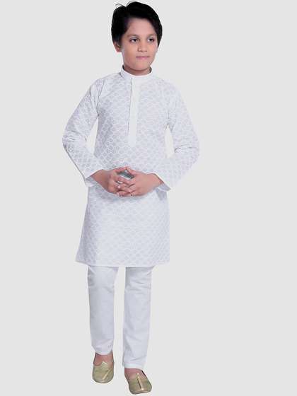 Baba & Baby Boys
                    Ethnic Motifs Band Collar Chikankari Cotton Kurta
                    with Churidar