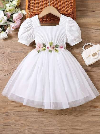 BAESD Girls Embellished
                    Square Neck Short Puff Sleeve Net Fit & Flare
                    Dress
