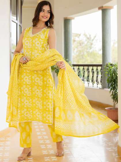 Anouk Floral Printed Regular Aari Work Pure Cotton Straight Kurta With Trousers & Dupatta