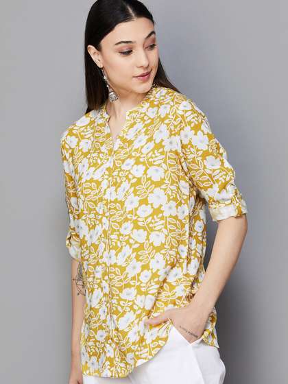 Melange by Lifestyle Floral Printed Mandarin Collar Roll-Up Sleeves Tunics