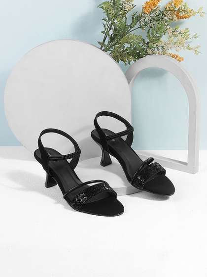 Mochi Womens Black
                        Embellished Open Toe Kitten Heels Sandal