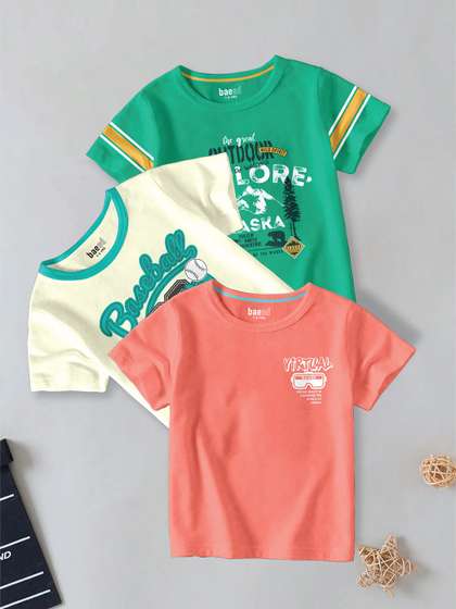 BAESD Boys Pack Of 3 Typography Printed Round Neck Cotton T-shirt