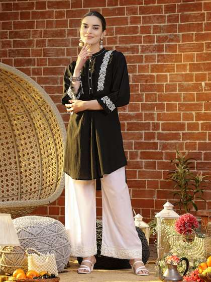Nayam By Lakshita Mandarin Collar Embroidered Cotton Tunic
