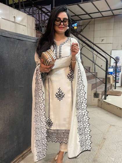 KALINI Floral Embroidered Regular Thread Work Kurta with Trouser & Dupatta