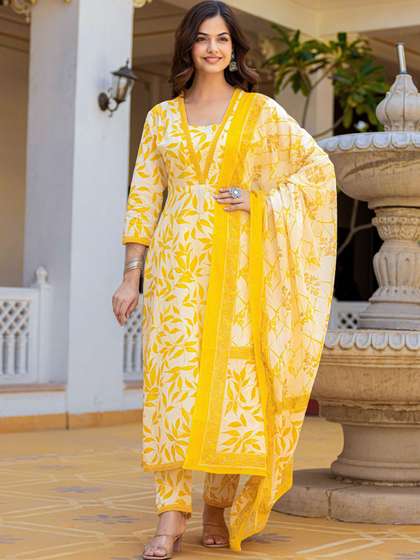 KALINI Floral Printed Regular Gotta Patti Pure Cotton Kurta with Trouser & Dupatta