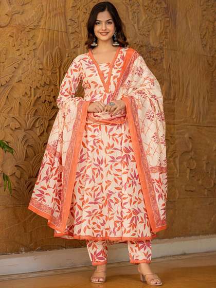 KALINI Floral Printed Regular Gotta Patti Pure Cotton Kurta with Palazzo & Dupatta