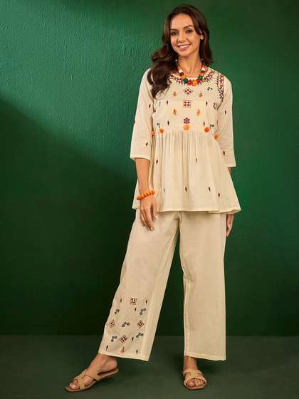 Sangria Embroidered
                        Cotton Top With Palazzos Co-Ords