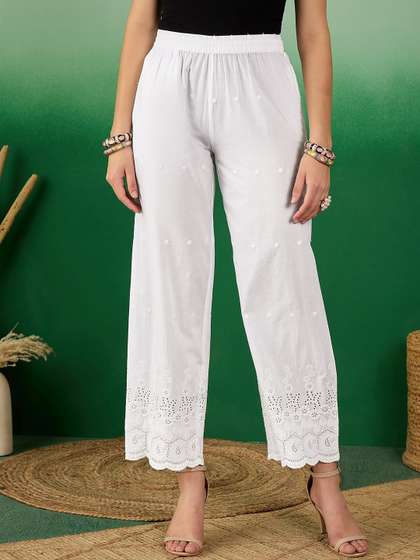 Sangria Off White Floral Embroidered Schiffli Pure Cotton Palazzo