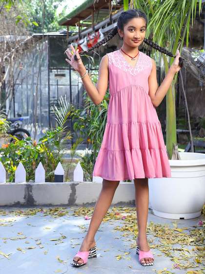 Aks Girls V-Neck
                      Sequined Georgette Tiered Fit & Flare Dress
