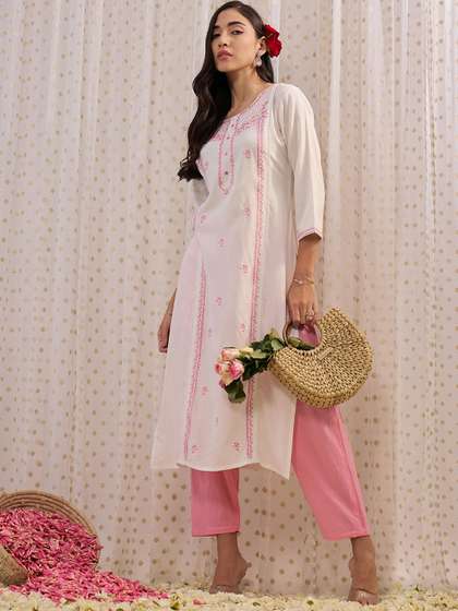 Indo Era Floral Embroidered Round Neck Three-Quarter Sleeves Straight Kurta