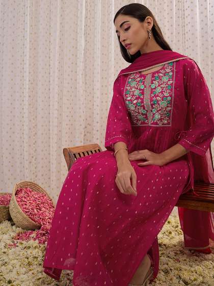 Indo Era Floral Embroidered A-Line Kurta with Trousers & Dupatta