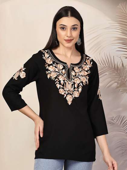 QAZMI Heer Floral Aari Work Viscose Rayon Straight Kurti