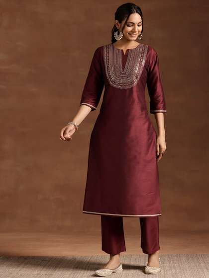 Libas Yoke Design Regular Sequinned Straight Kurta with Palazzos