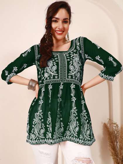 HERE&NOW Ethnic Motifs Embroidered Chikankari Pure Georgette Chikankari A-Line Short Kurti