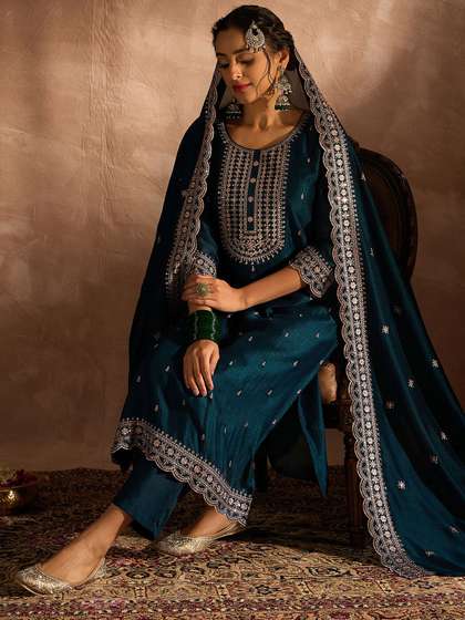 Indo Era Ethnic Motifs Embroidered Thread Work Straight Kurta with Trouser & Dupatta