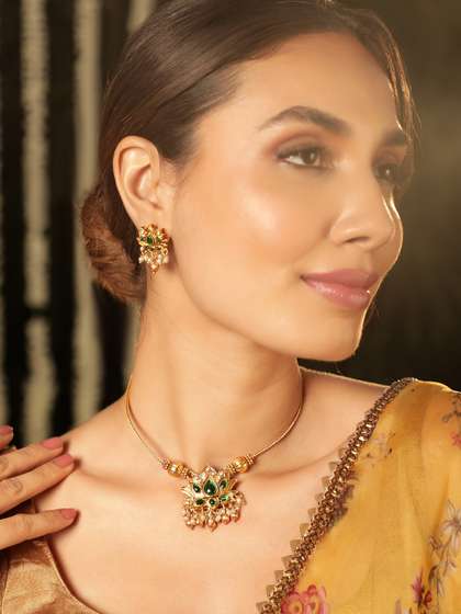 Rubans 22K Gold
                          Plated 2 In 1 Lotus Motif Ruby & Emerald
                          Stone Studded Jewellery Set