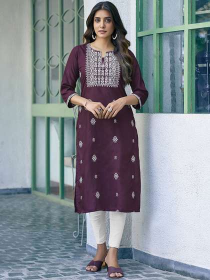 KALINI Floral Embroidered Notch Neck Sequinned Straight Kurta