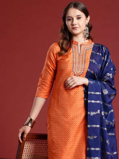 Anouk Thread Work Woven Design Kurta with Trousers & Dupatta