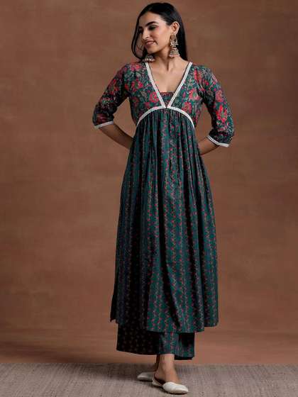 Libas V Neck Floral Printed Empire Gotta Patti Pure Cotton A Line Kurta with Palazzo
