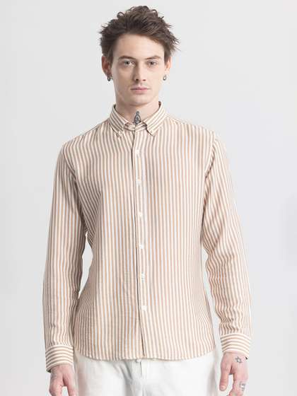 Snitch Beige &
                      White Striped Classic Slim Fit Opaque Casual
                      Shirt