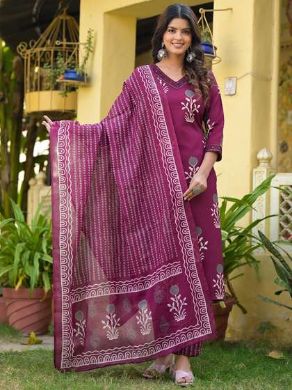 KALINI Floral Printed Regular Thread Work Straight Kurta With Trousers & Dupatta