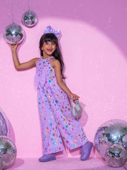 LIL DRAMA Girls Printed Barbie Jumper with 3D bow Basic Jumpsuit
