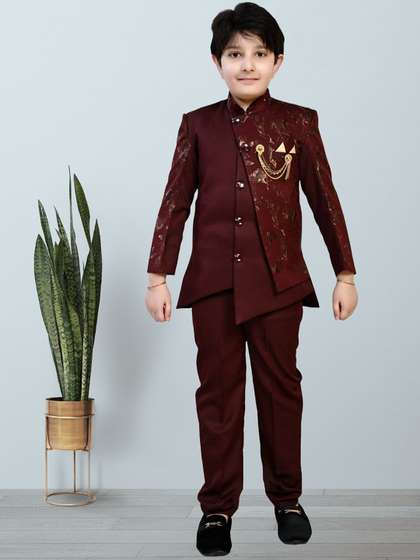 BAESD Boys Ethnic Self
                      Design Mandarin Collar Sherwani Set Color Maroon
                      Size 2-3 Years
