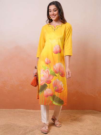 Vishudh Yellow Floral Embroidered Notch Neck Thread Work A-Line Kurta