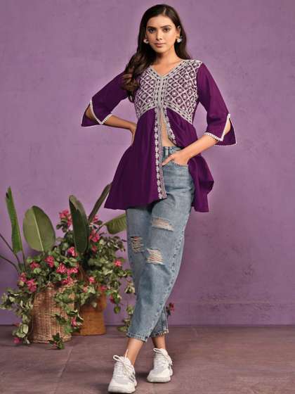 Sangria X fwd Chikankari Embroidered Short Kurti