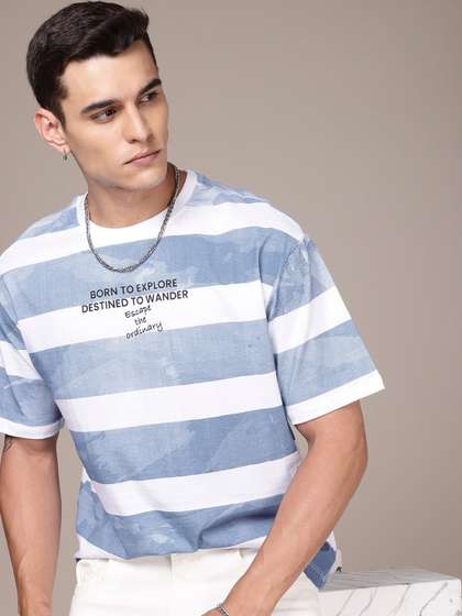 Roadster The Life Co. Striped Drop-Shoulder Pure Cotton Washed Effect Relaxed Fit T-shirt