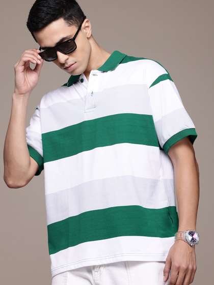 Roadster The Lifestyle Co. Striped Polo Collar Drop-Shoulder Sleeves T-Shirt