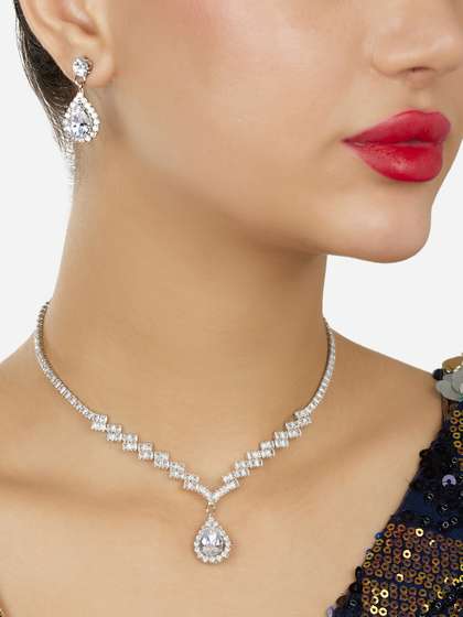 Zaveri Pearls
                        Silver-Plated Austrian Diamonds-Stones Studded
                        Jewellery Set