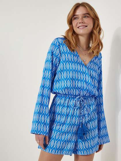 Happiness istanbul
                          Printed V-Neck Waist Tie-Ups Playsuit